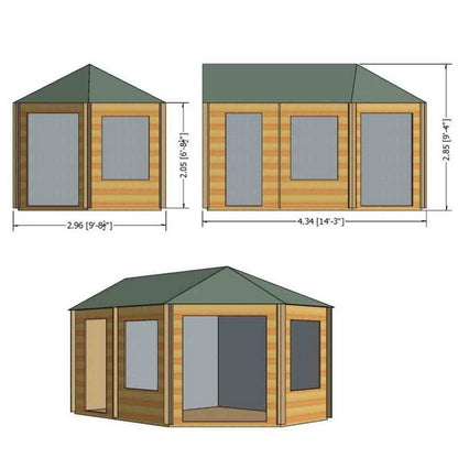 Shire Rowney 14' x 10' Hexagonal Hip Log Cabin - Premium 28mm Cladding Tongue & Groove