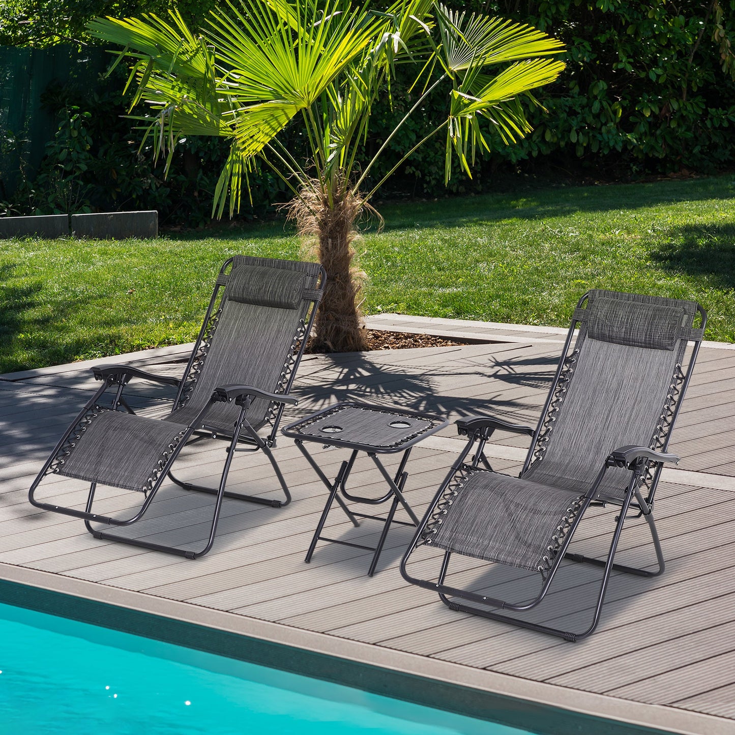 3-Piece Folding Zero Gravity Chairs Sun Lounger Table Set w/ Cup Holders Reclining Garden Yard Pool