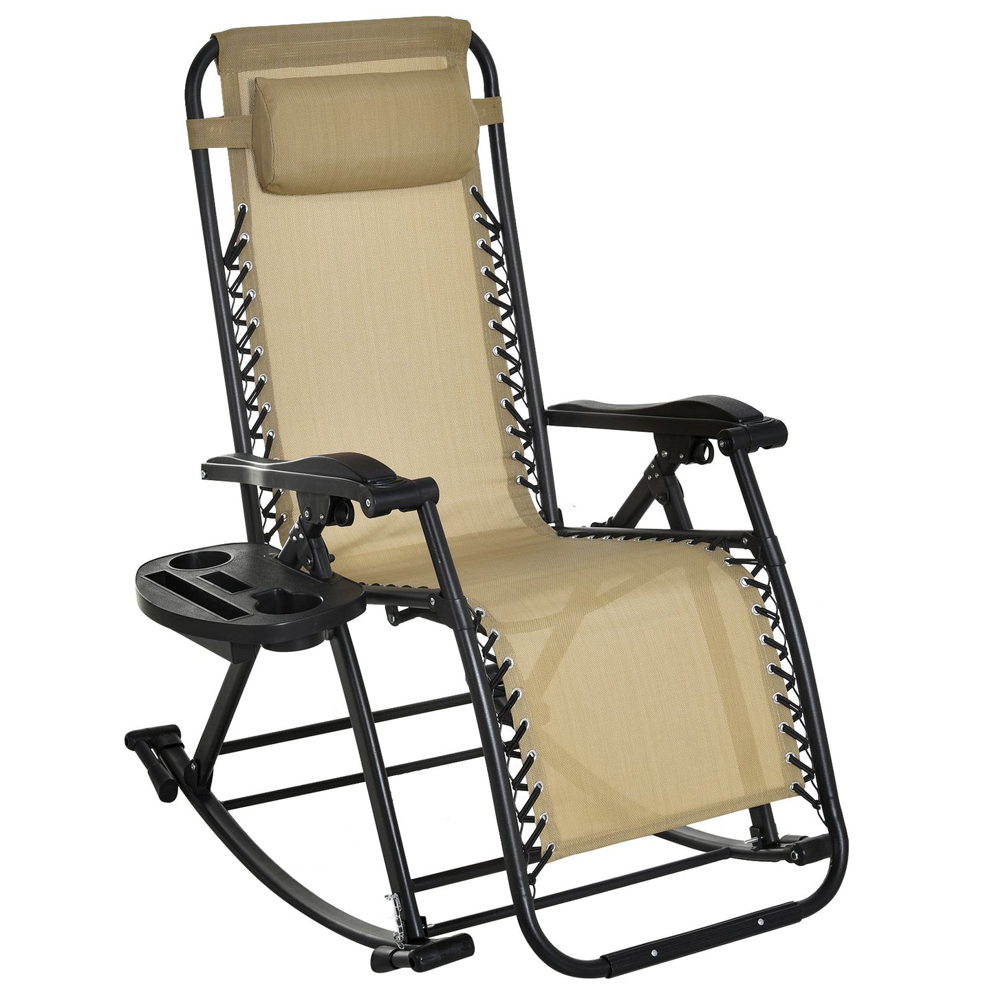 Garden Rocking Chair Folding Recliner Outdoor Adjustable Sun Lounger Rocker Zero-Gravity Seat with Headrest Side Holder Patio Deck - Beige