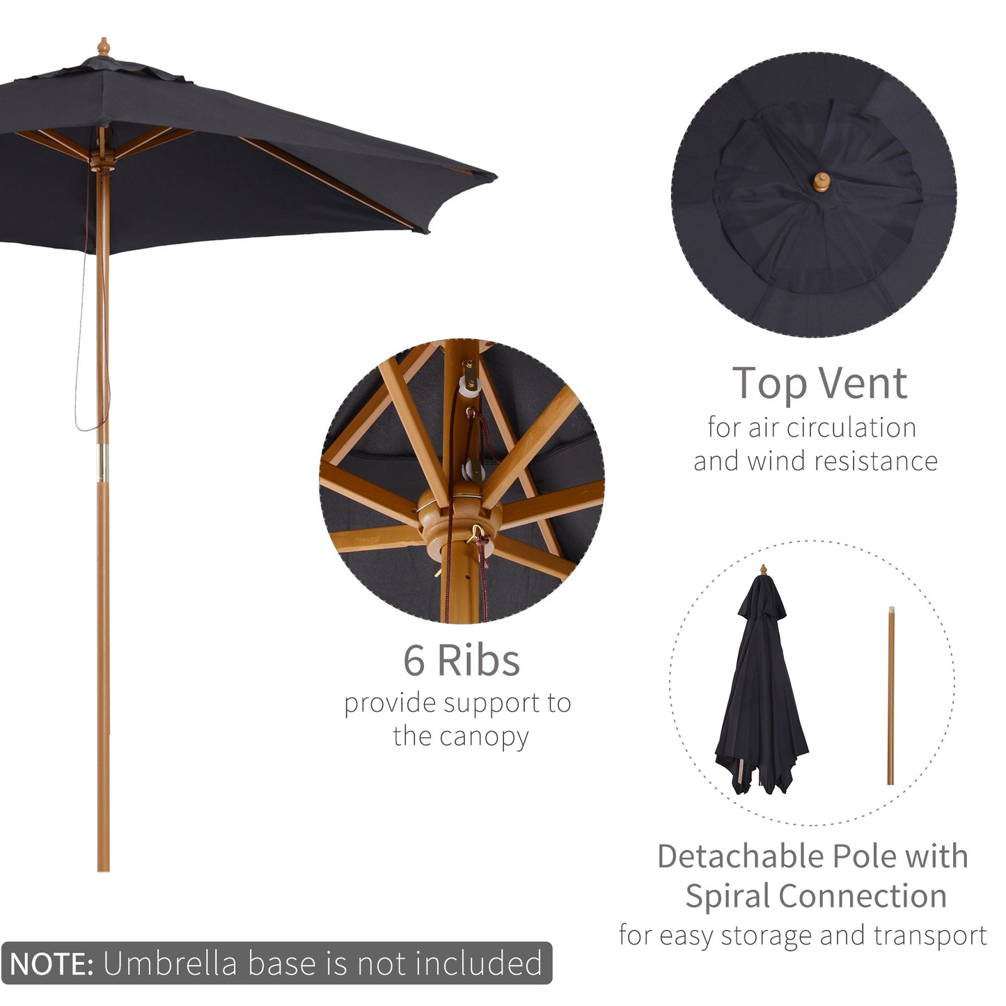 Outsunny 2.5 m Wooden Umbrella Parasol-Black