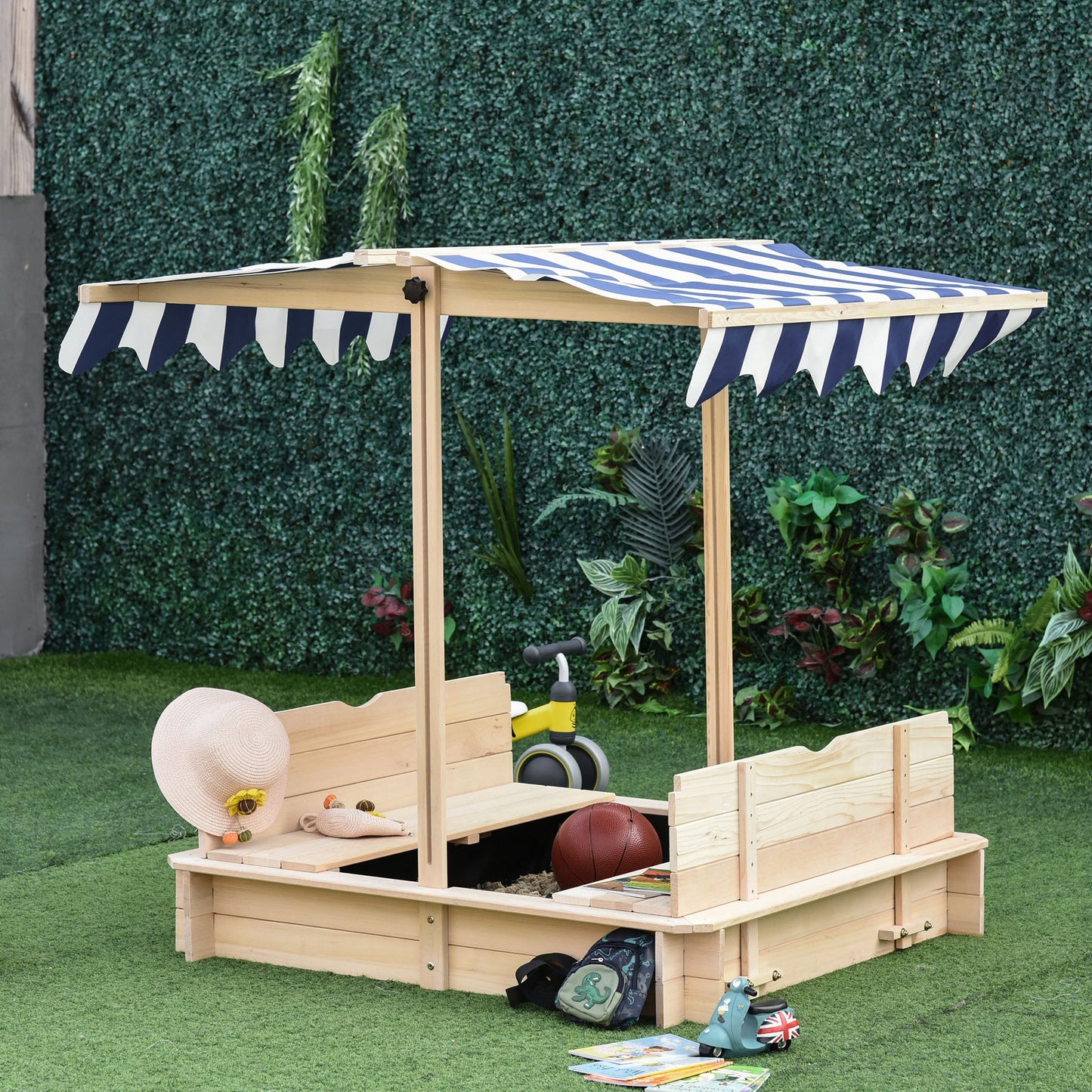 Kids Wooden Sand Pit with Lids Children Sandbox Height Adjustable Canopy for Garden