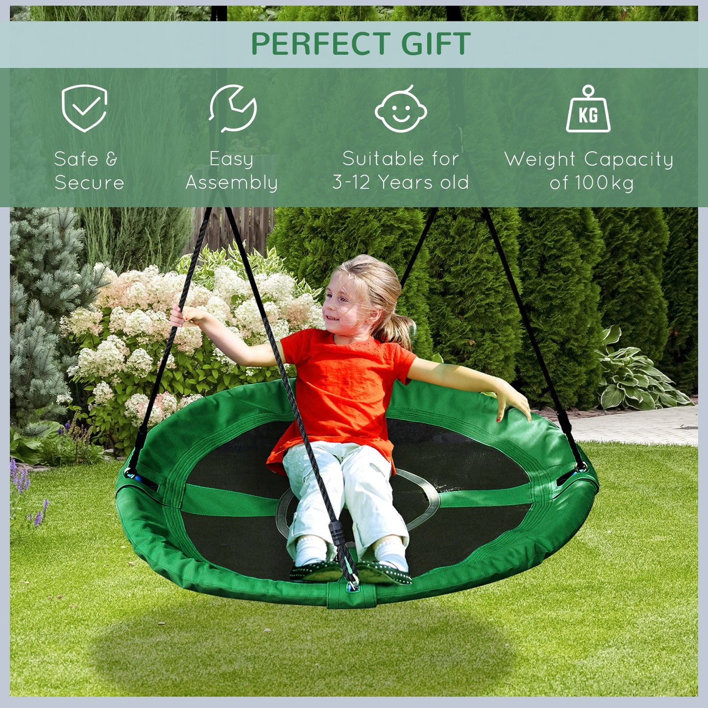 Kids Swing Outdoor Toys For Kids Diameter 100X4.5H cm-Black/Green