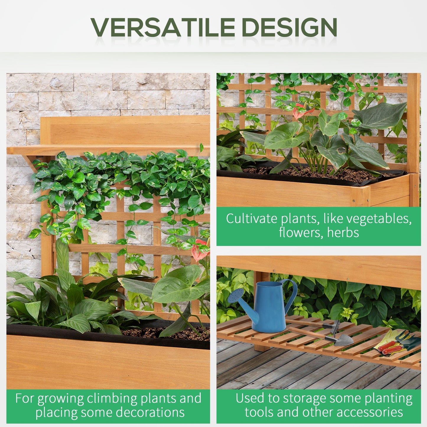 Wooden Planter Raised Elevated Garden Bed with 2 Shelves for Vegetables Flowers