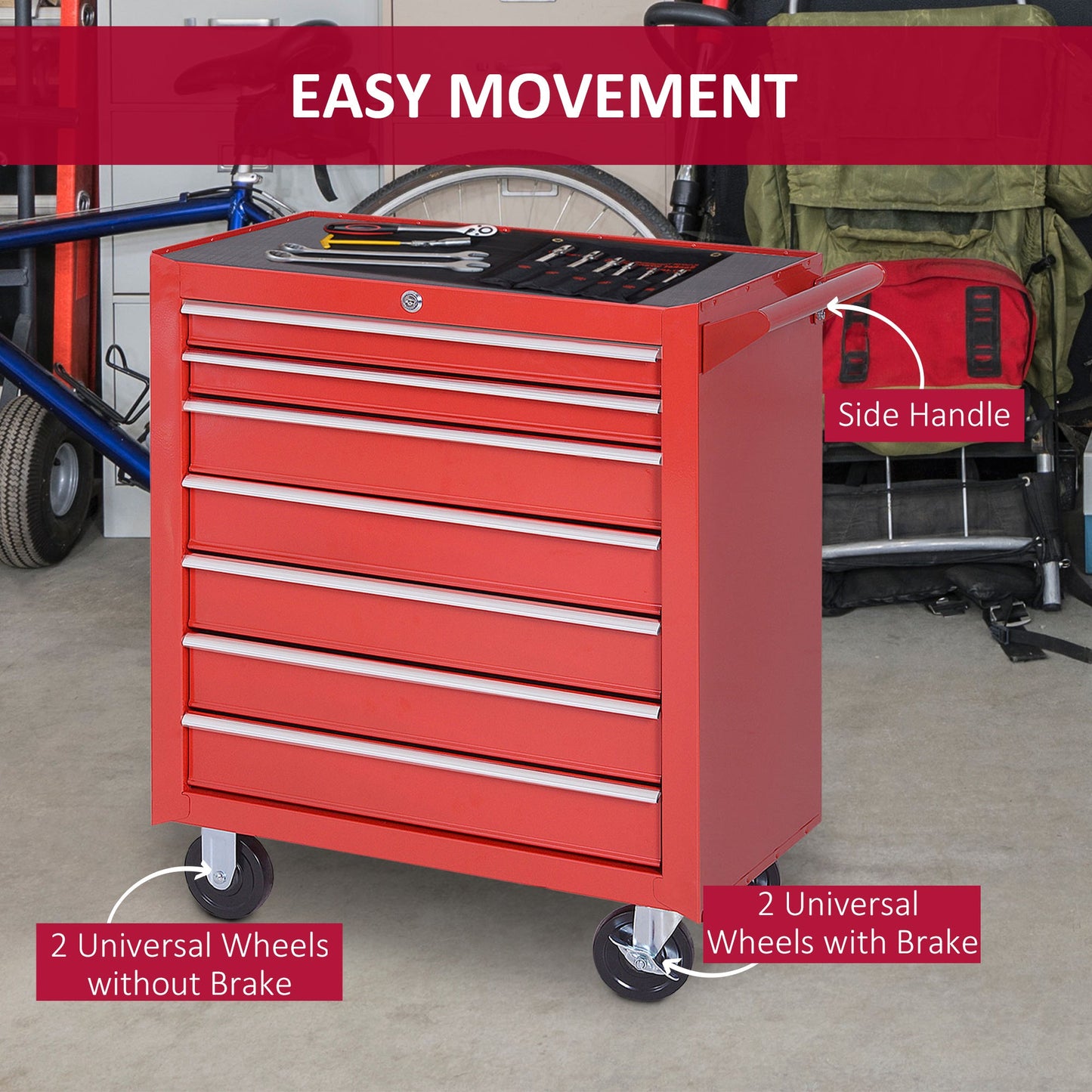 DURHAND Steel 7 Drawer Tool Storage Cabinet Tool Chest w/ Roll Wheels Red