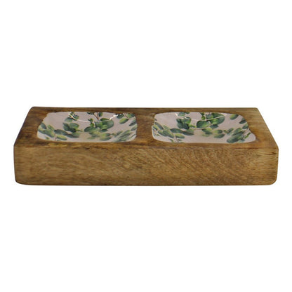 Tray Ceramic & Wood with Eucalyptus Pattern - 20cm