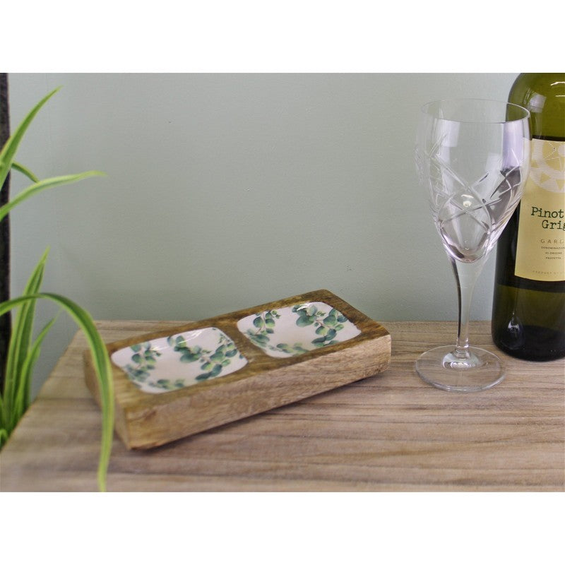 Tray Ceramic & Wood with Eucalyptus Pattern - 20cm