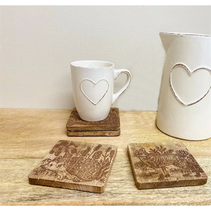 4x Woodland Animals Coaster Wood with Engraved Pattern - 10cm