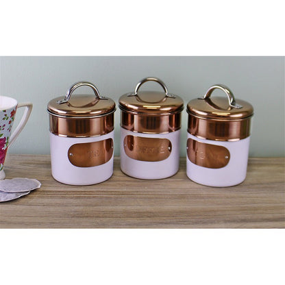 3 x Metal Tins Twist Lid 1.1 Litres - White & Copper