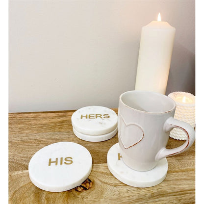 4x Coaster Marble White with "His & Hers" Pattern - 10cm