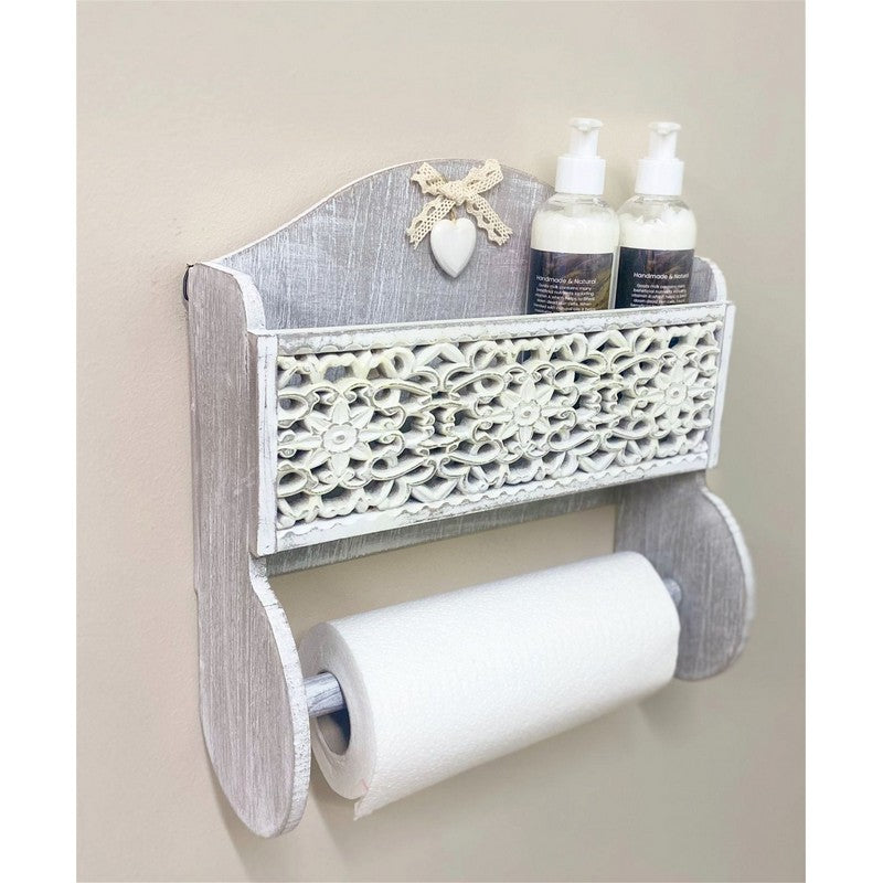 Grey Wooden Kitchen Towel Holder With Cutout Pattern Shelf