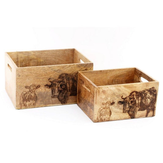 2 x Cow Wood Crates - Natural