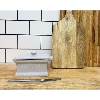 Butter Dish Ceramic Grey with Heart Pattern - 18.5cm