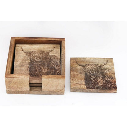 4x Cow Coaster Wood with Engraved Pattern - 10cm