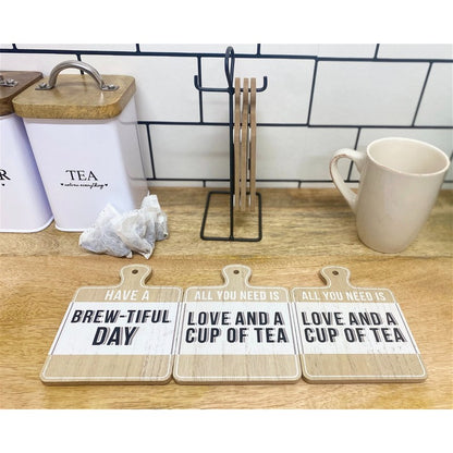 6x Coaster Metal & Wood with Tea Slogans Pattern - 13cm