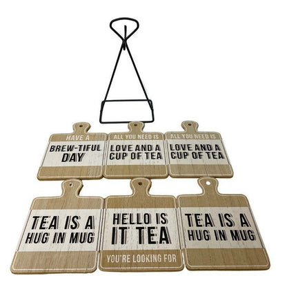 6x Coaster Metal & Wood with Tea Slogans Pattern - 13cm