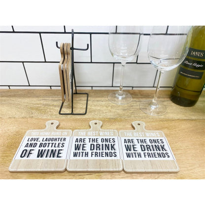 6x Coaster Metal & Wood with Wine Slogans Pattern - 13cm