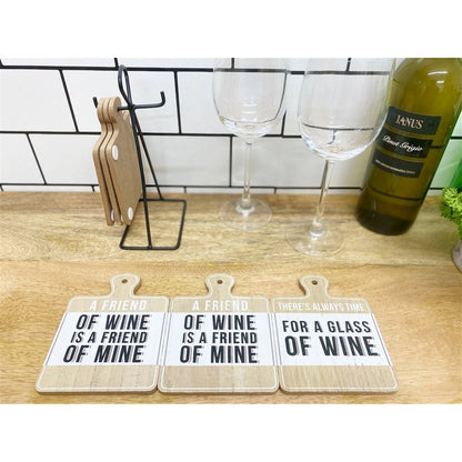 6x Coaster Metal & Wood with Wine Slogans Pattern - 13cm