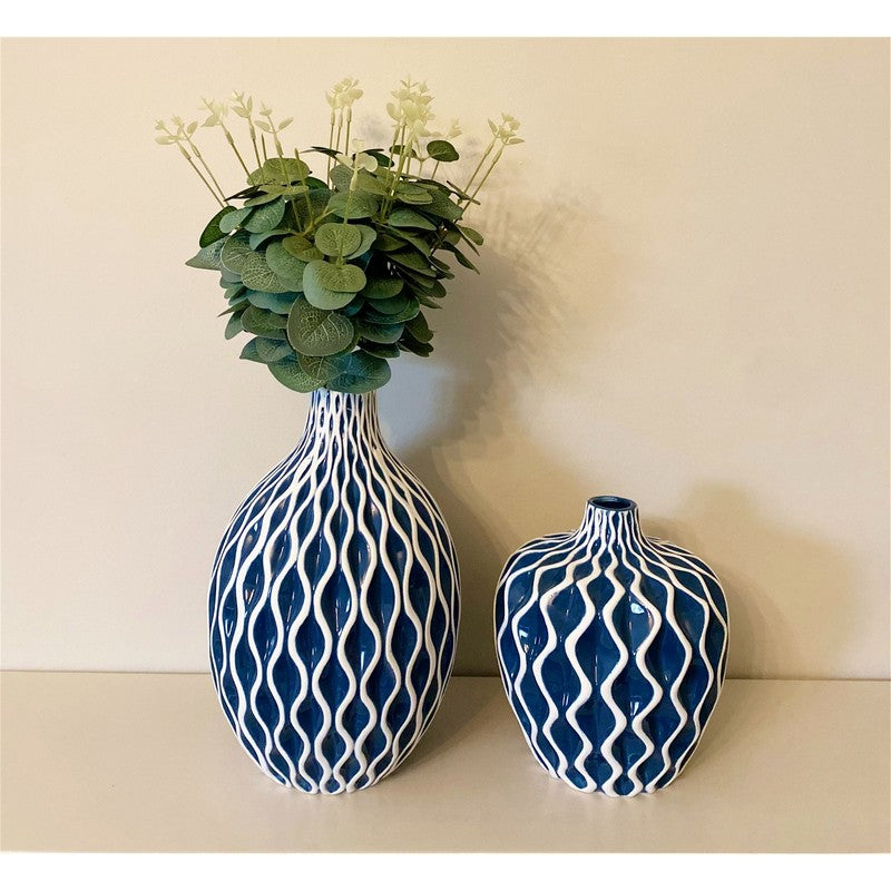 Serenity Vase Ceramic Blue with Ripple Pattern - 27cm