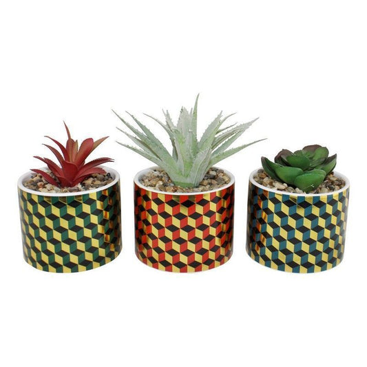 3x Faux Succulent Ceramic with Cubic Pattern - 15cm