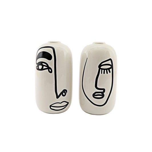 2x Vase Ceramic White with Face Pattern - 17cm