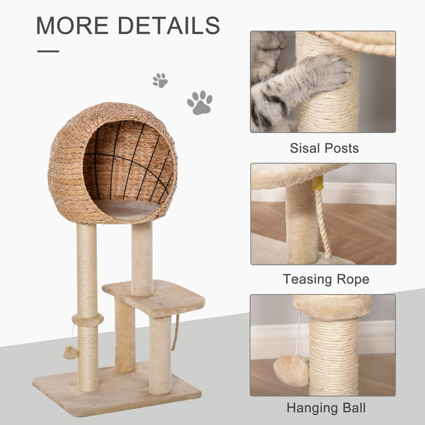 PawHut Cat Tree for Indoor Cats 100cm Kitten Climbing Tower Activity Center with Sisal Scratching Post Condo Perch Hanging Balls Teasing Rope Toy Cushion