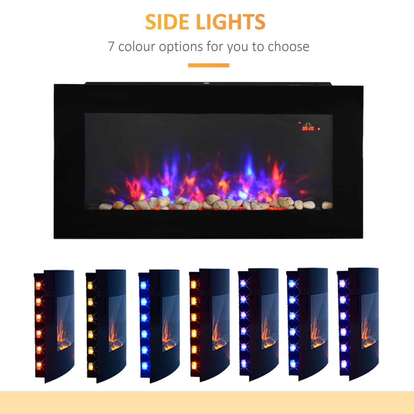 2000W Wall Mounted Tempered Large LED Flat Glass Electric Fireplace Heater Black