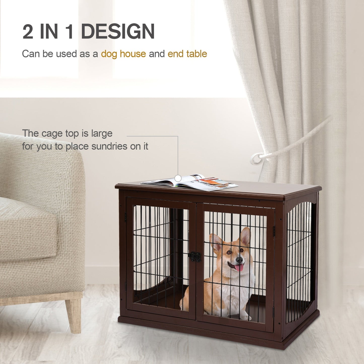 PawHut Small Dogs 3-Door Medium-density fibreboard Indoor Cage Brown