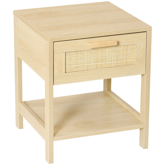 Nightstand with Rattan Drawer and Storage Shelf