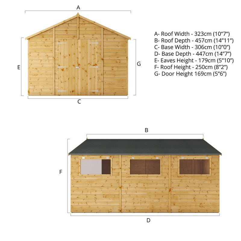 Mercia Premier 10' x 14' 7" Apex Workshop - Premium Dip Treated Shiplap