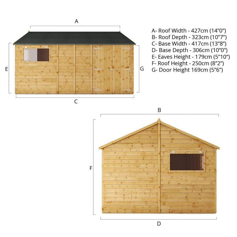 Mercia Premier 13' 8" x 10' Reverse Apex Workshop - Premium Dip Treated Shiplap