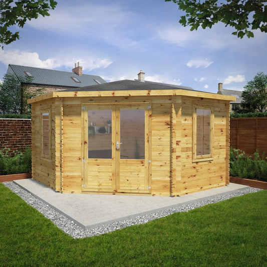 Mercia 13' 5 x 13' 7 Hip Log Cabin - Premium 28mm Cladding Log Clad