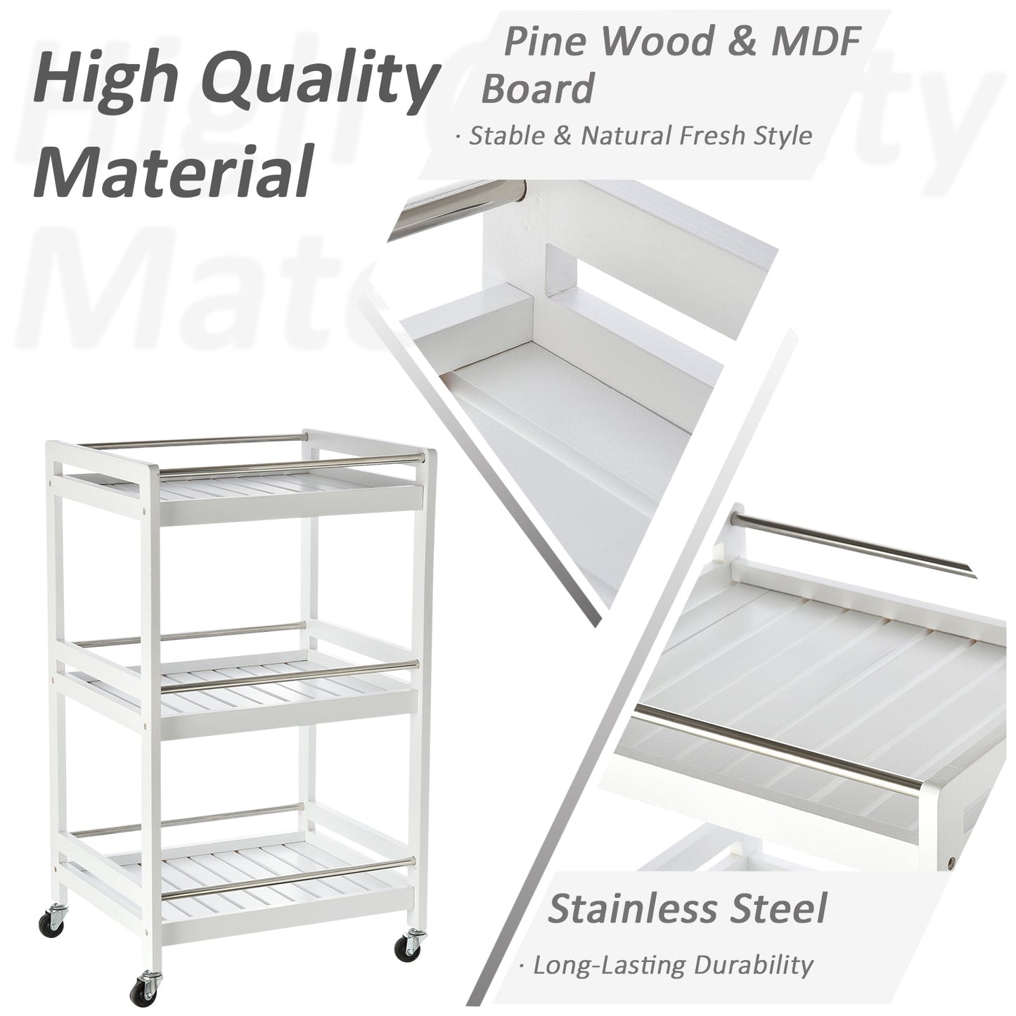 3-Tier Home Trolley Kitchen Storage Cart w/ Steel Bars 4 Universal Wheels Rolling Unit Organiser Living Room White