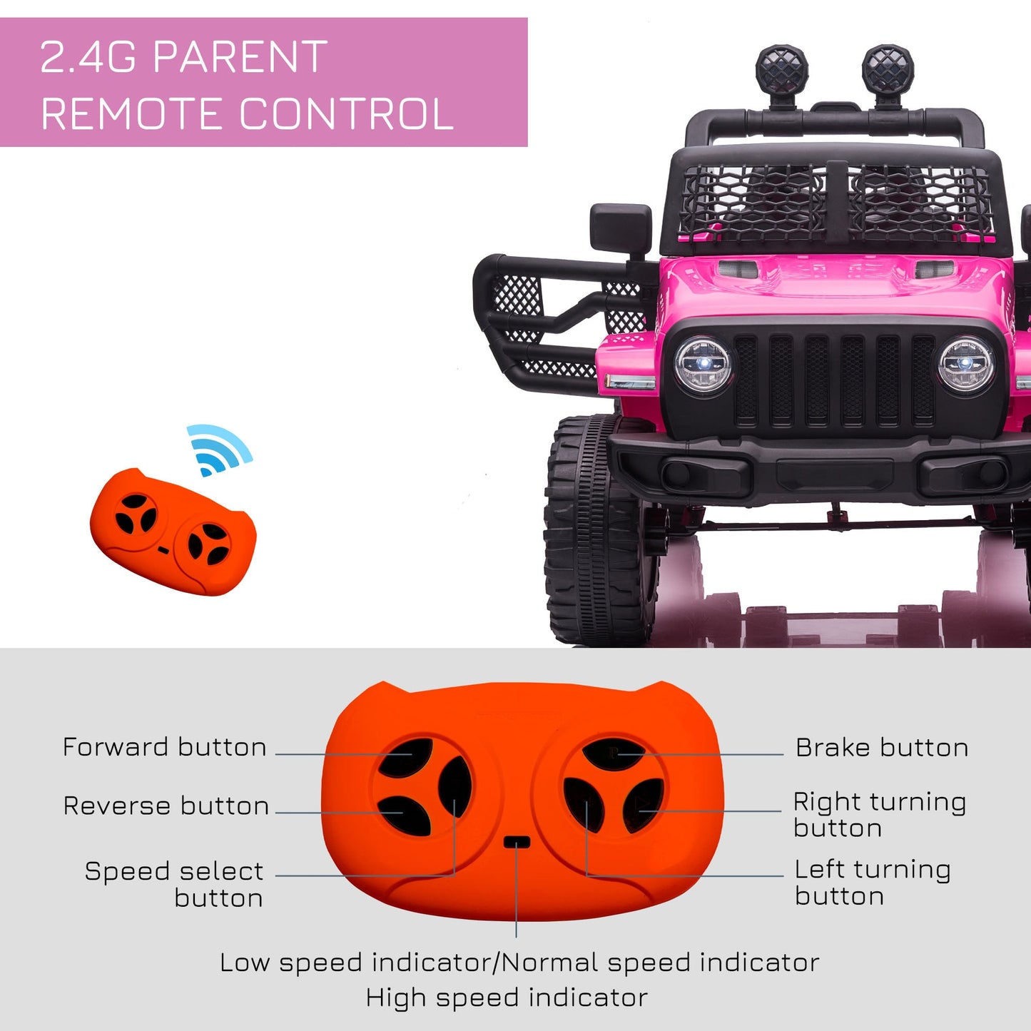 Homcom 12V Battery-powered 2 Motors Kids Electric Ride On Car Truck Off-road Toy with Parental Remote Control Horn Lights Suspension Wheels for 3-6 Years Old Pink