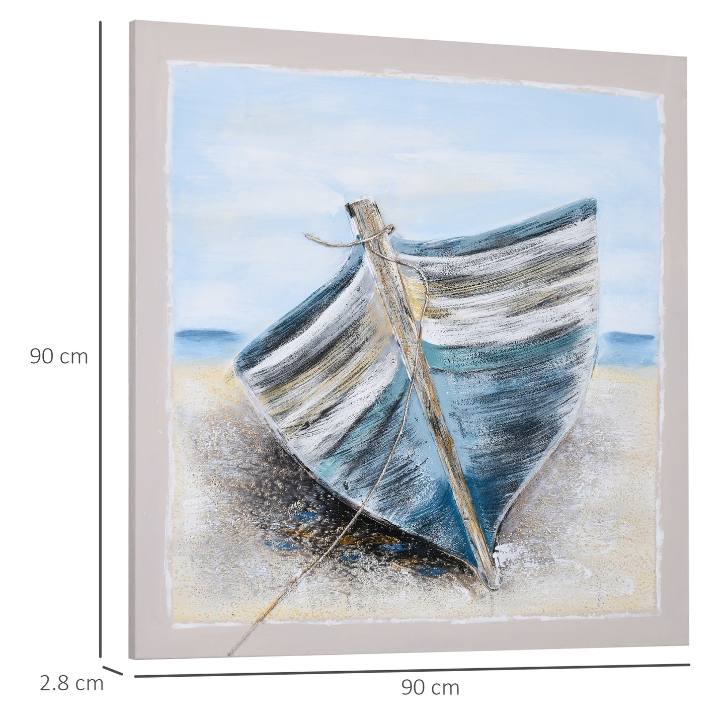 Hand-Painted Canvas Wall Art Blue Boat in the Beach