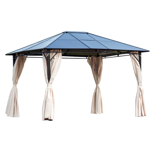 3 x 3.6m Hardtop Gazebo Canopy with Polycarbonate Roof Garden Pavilion with Removable Curtains and Steel Frame