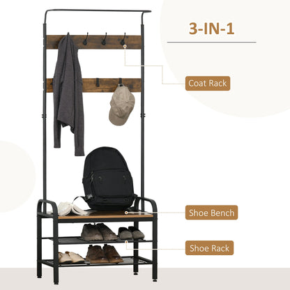 Coat Rack Stand Industrial hallway Shoe Rack Removable Hooks Metal Wood Hangers Storage Cabinet Rustic Brown 72L×34W×185Hcm