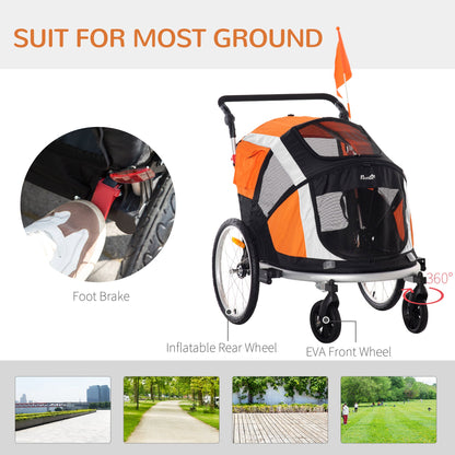 PawHut Dog Bike Trailer 2-in-1 Pet Stroller for Large Dogs Cart Foldable Bicycle Carrier Aluminium Frame with Safety Leash Hitch Coupler Reflector Flag Orange