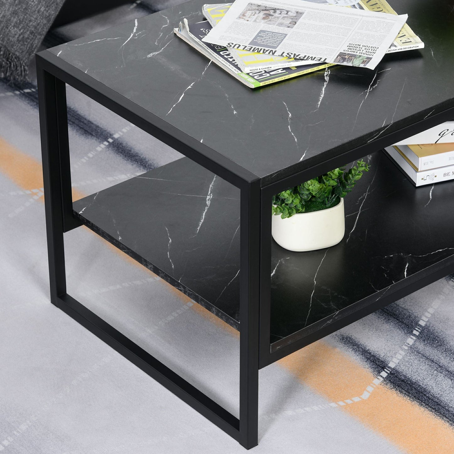 Two-Tier Laminate Marble Print Table Top Coffee Table w/ Metal Frame Foot Pads Elegant Modern Style 2 Shelves Home Display Storage Unit Living Room