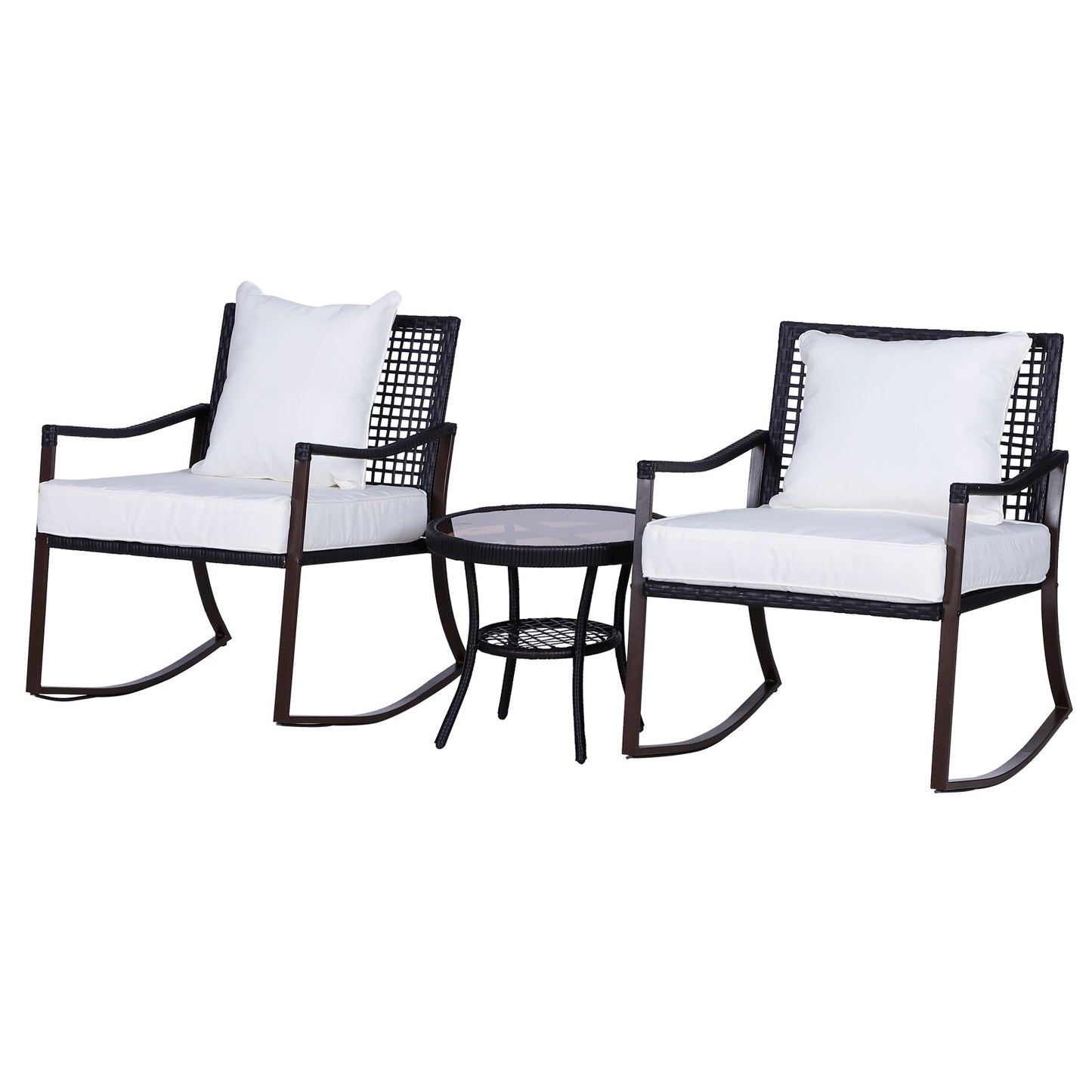 3-Pieces PE Rattan Garden Rocking Chair Set w/ Soft Cushion