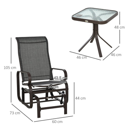 3-Piece Metal Outdoor Gliding Rocking Chair With Tea Table Patio Garden Comfortable Swing Chair Brown