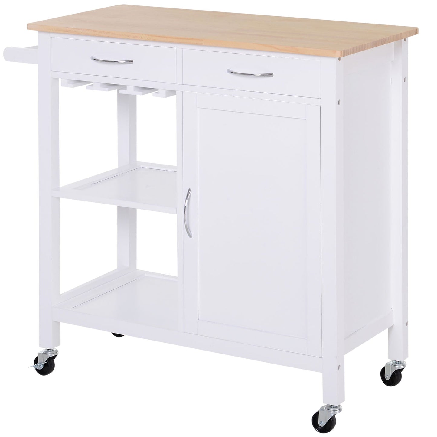 Kitchen Storage Trolley Cart Cupboard Rolling Wheels Shelves Cabinet Island W/ Drawers Towel Rail Wine Glass Rack Pine Wood Worktop White