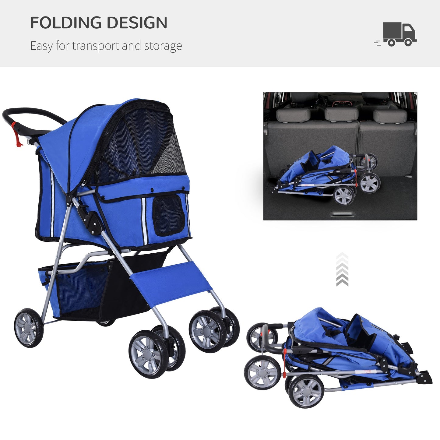 PawHut Pet Stroller for Small Miniature Dogs Cats Foldable Travel Carriage with Wheels Zipper Entry Cup Holder Storage Basket Blue