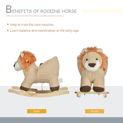 Kids Children Rocking Horse Plush Ride On Lion Seat w/ Sound Wood Base Seat Safety Belt Toddler Baby Toy Brown