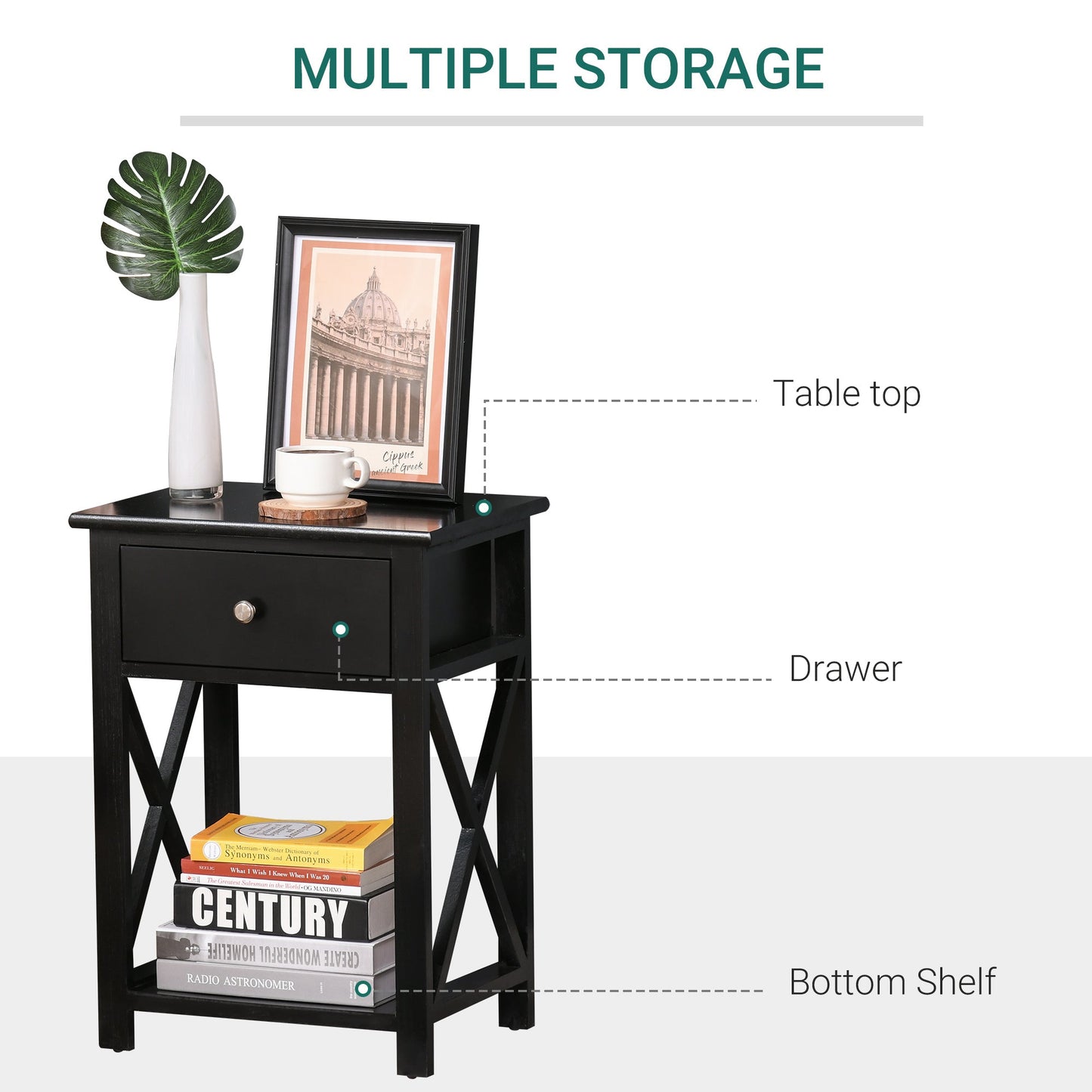 End Table Sofa Side Table with Drawer X Bar Bottom Storage Shelf