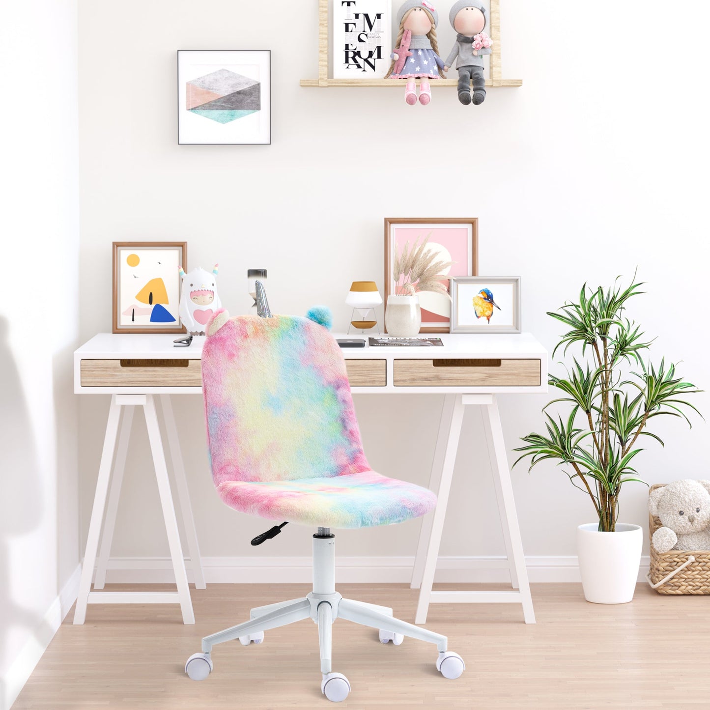 Vinsetto Fluffy Unicorn Office Chair with Mid-Back and Swivel Wheel