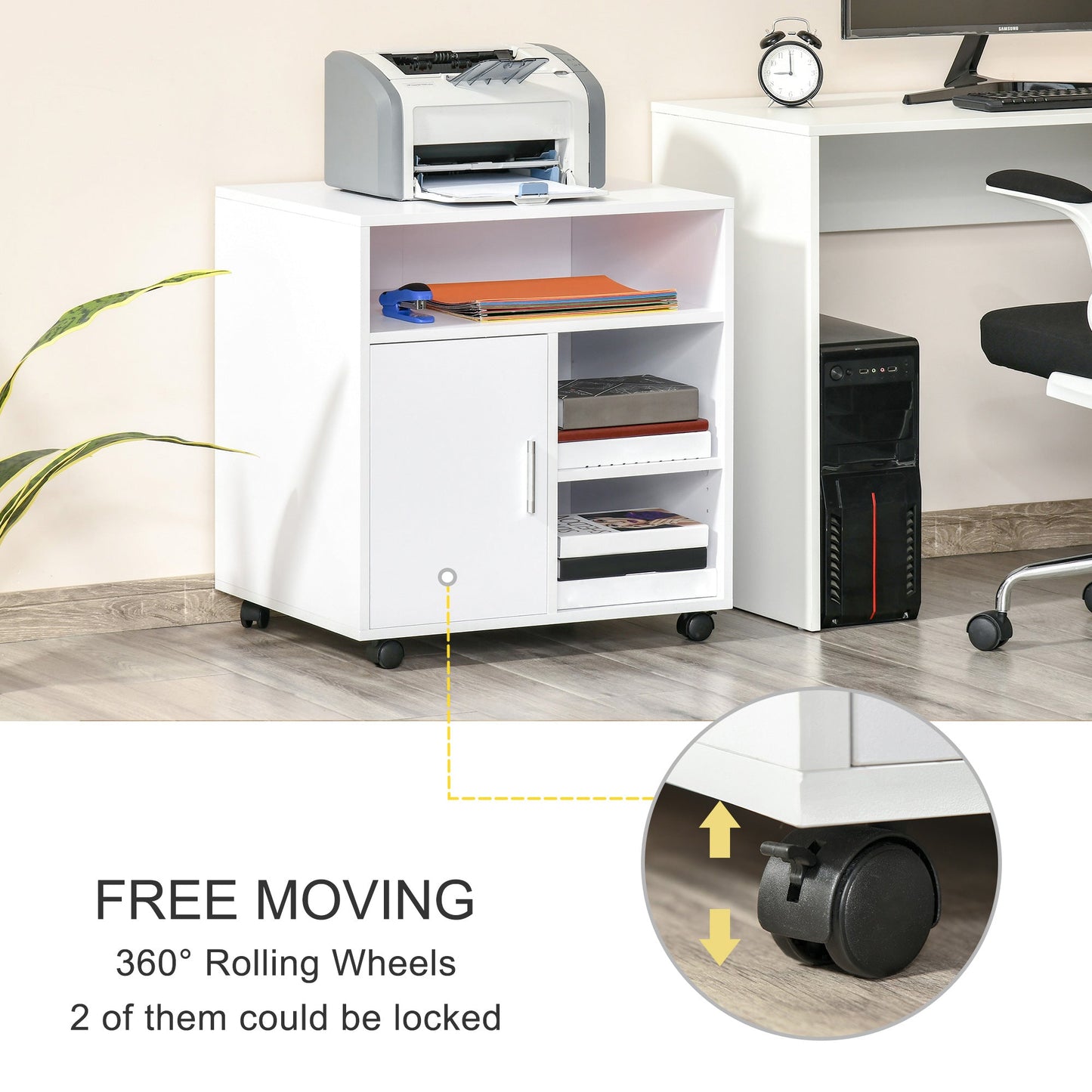 Multi-Storage Printer Stand Unit Office Desk Side Mobile Storage w/ Wheels Modern Style 60L x 50W x 65.5H cm - White