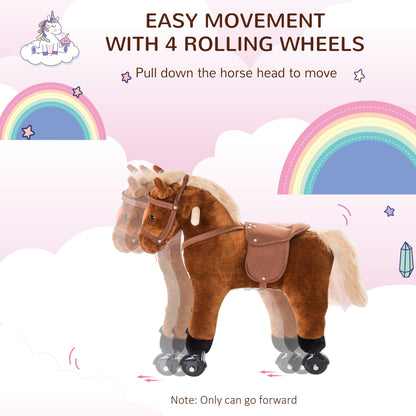 Wooden Action Pony Wheeled Walking Horse Riding Little Baby Plush Toy Wooden Style Ride on Animal Kids Gift w/Sound Brown