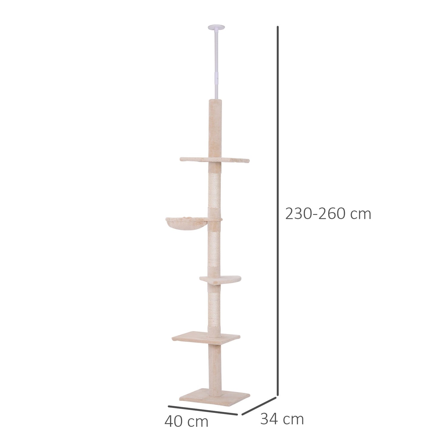 PawHut Floor to Ceiling Cat Tree for Indoor Cats 5-Tier Kitty Tower Climbing Activity Center Scratching Post Adjustable Height 230-260 cm Beige