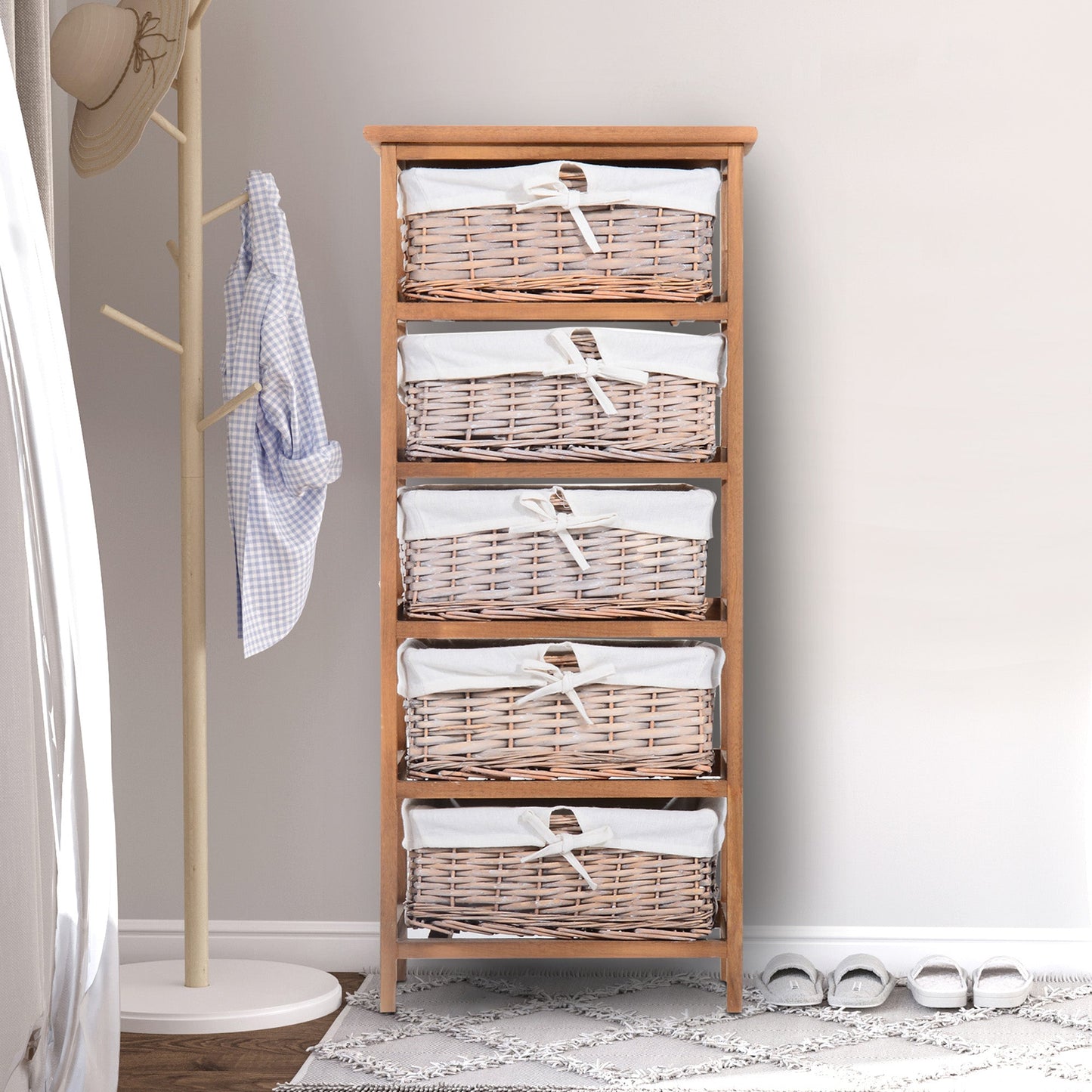 Homcom 5 Drawer Dresser Wicker Basket Storage Shelf Unit Wooden Frame Home Organisation Cabinet Bedroom Office Furniture Natural Finish 90x40cm