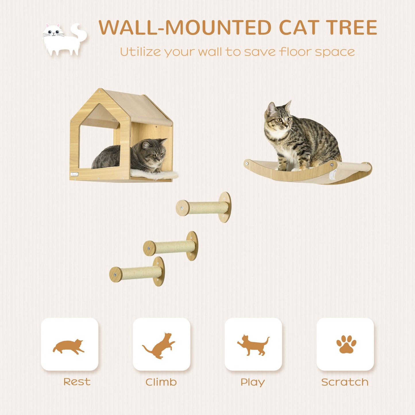 PawHut 5-Piece Wall Mounted Cats Shelves